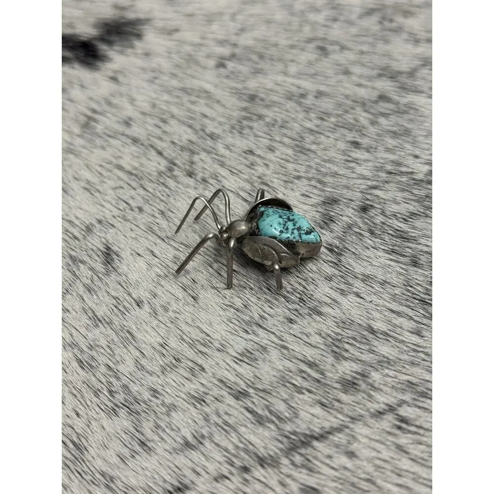 Native American Sterling Silver Turquoise Nugget Beetle Spider Bug Pin Brooch